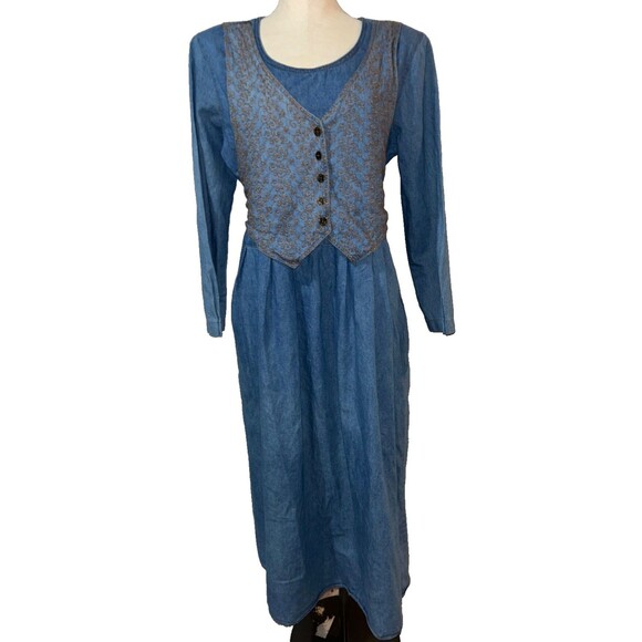 Stuart Alan Vintage Denim Chambray Vest Layered Maxi Dress size 14 Western - Picture 1 of 12